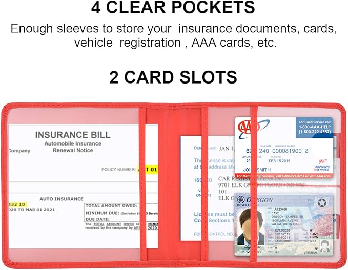 Car Registration and Insurance Holder, Vehicle Glove Box Car Organizer Men Women Wallet Accessories Case for Cards, Essential Document, Driver License, Red