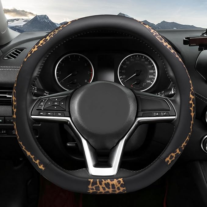 Leopard Print Steering Wheel Cover, D Shaped Car Wheel Cover Microfiber Leather 14 1/2-15 in (37-39 cm)