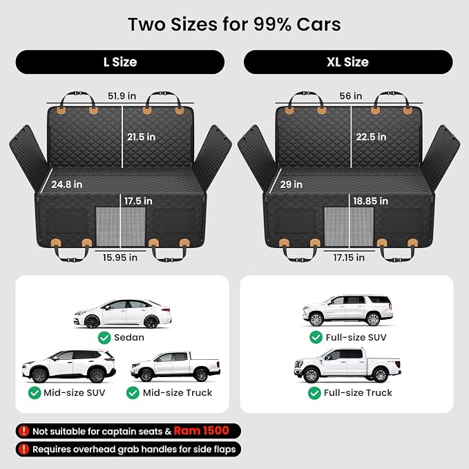 Dog Car Seat Cover for Back Seat, Hard Bottom Dog Hammock, Pet Bed Extender for 2-4 Large/Medium Dogs, Waterproof Seat Protector, Universal L Size for SUV Medium Truck, Black+Orange