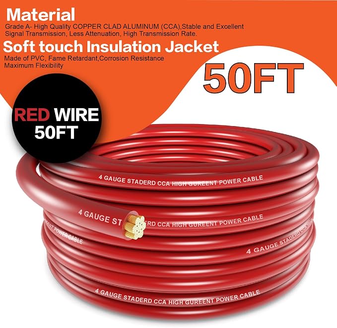4 Gauge Wire (50FT) Red Copper Clad Aluminum CCA - Primary Automotive Wire,Car Amplifier Power & Ground Cable,Battery Cable for Car Audio Speaker,Solar, Auto, RV Trailer Amp Wiring kit