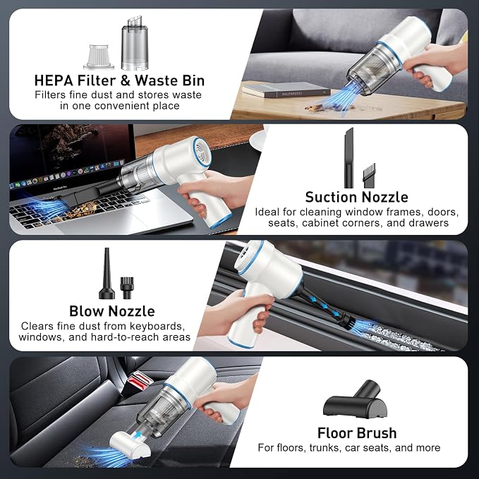 Handheld Car Vacuum Cleaner, 9000PA Vacuum Cleaner & Air Duster, 120W High Power Vacuum Portable Cordless, Hand Held Vacuum Rechargeable with Multi-Nozzles & LED Light for Home, Car, Office
