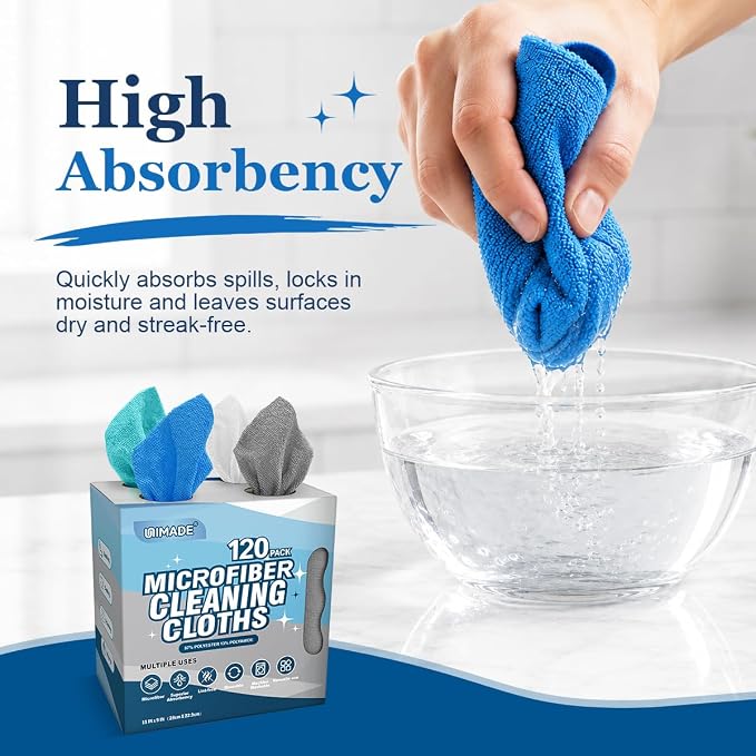Microfiber Cleaning Cloth, 120 Pack Reusable Paper Towels Microfiber Towels for Cars Lint Free Shop Rags with for Home Kitchen Automotive, 11"x 9", White & Grey & Light Blue & Blue