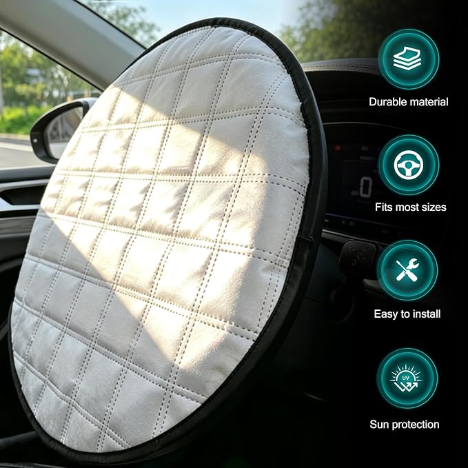 1 PC Car Steering Wheel Sun Shade, Aluminum Foil Anti-Scalding Steering Wheel Protector, Slip-On Thickened Driving Handle Heat Shield Cover, Universal for Most Cars SUVs Trucks (Silver)