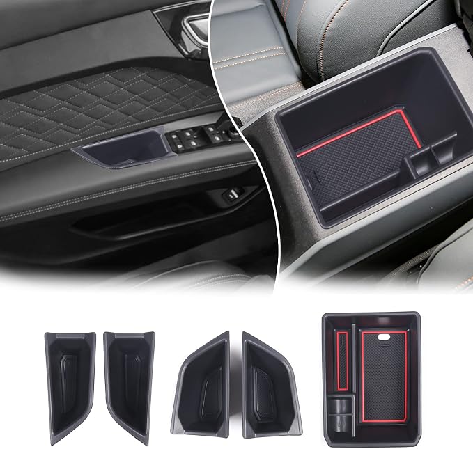 Car Center Console Organizer Tray Compatible with Audi Q4 E-Tron 2022 2023 2024 2025, ABS Front Rear Side Door Grab Handle Storage Box & Armrest Storage Tray With Anti-slip Mat Insert Accessories
