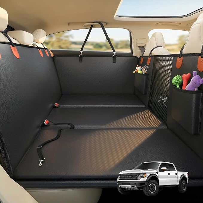 Back Seat Extender for Dogs, Hard Bottom Dog Car Seat Cover, Upgraded Waterproof PU Leather, Easy to Clean, Anti-Scratch & Durable Hammock for Full Size Trucks, Holds 400lbs
