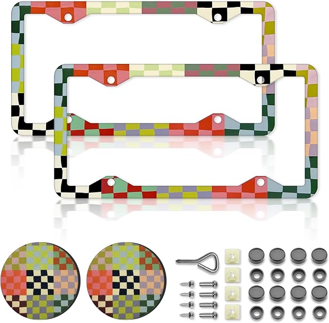 Retro Checkered License Plate Frames，Checkered Car Accessories for Women and Men ，Cute Aluminum License Plate Frame Fits Standard US Vehicles Size 12.2 x 6 Inch (Multicolor-Checkered)