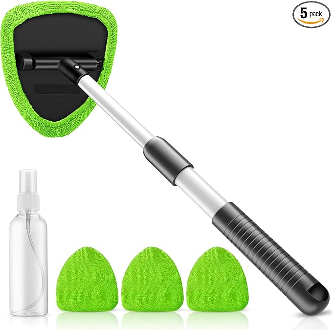 Windshield Cleaning Tool, 23-inch Extendable Handle Car Window Cleaner with 4 Reusable and Washable Microfiber Pads, Auto Glass Wiper Kit for Interior & Exterior, Ideal for Dirty Car Windows, Green