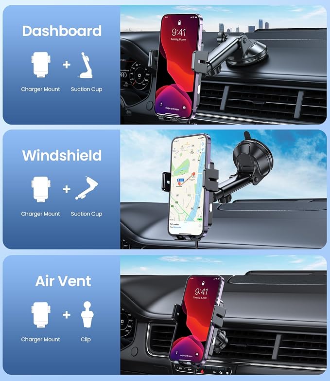 Wireless Car Charger, 15W Fast Charging Auto-Clamping Car Mount Universal Hands-Free Car Charger Mount for Dash Windshield Air Vent Compatible with iPhone 15/14/13/12, Samsung S23/S22/S21 Black