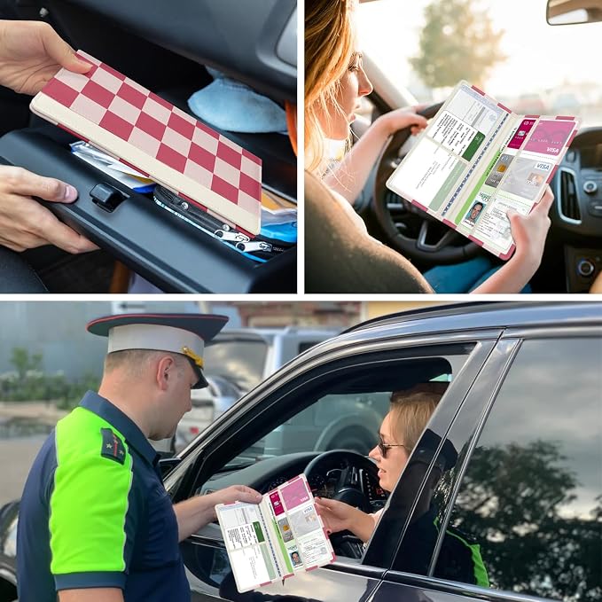 Car Registration and Insurance Holder, with Magnetic Closure for License, Cards and Documents, All Vehicle Needs and Car Accessories (Plaid-Pink)