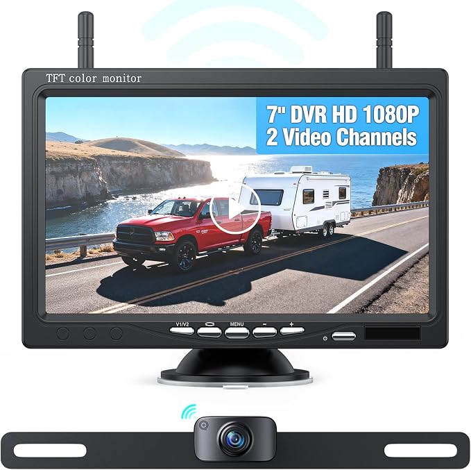 Wireless Backup Camera with 7” DVR Monitor for Trucks, 2 Channels, HD1080P Front/Rear View Camera with Night Vision, IP69K Waterproof, DIY Reserving Lines for Pickup, Car, Van, Trailer (AWTL7)