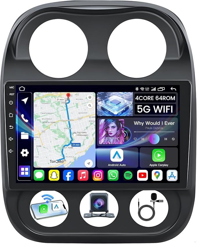 [4Core+64GB] Car Radio Stereo for Jeep Compass Patriot 2010-2016: Upgrade 5G WiFi 10.4" 1280 * 800 Touchscreen Head Unit Wireless Carplay Android Auto Bluetooth GPS FM SWC Backup Camera