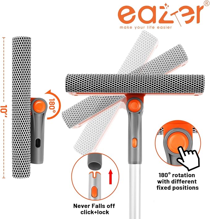 46'' Professional Window Cleaner Tool, 2-in-1 Rotatable Squeegee for Window Cleaning Kit, Window Washing Equipment Kit with Threaded Extension Pole(20''-46'') for Shower/Windshield.