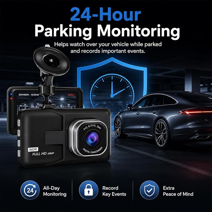 3-inch 1080p High-Definition Dash cam for Cars, 24 Hour Recording, 170° Large Wide-Angle,Super Night Vision, G-Sensor Parking Monitoring Loop Video Motion Detection