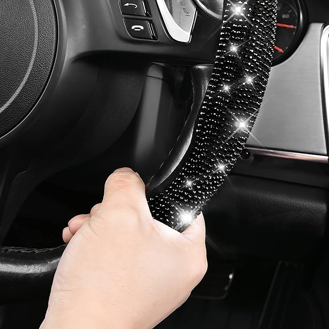2PCS Bling Diamond Segmented Steering Wheel Cover with Crystal Rhinestones, Wheel Protector Non-Slip Cute Car Accessories Universal Fit D-Shape O-Shape 14.5" to 16" for Women, Black Diamond