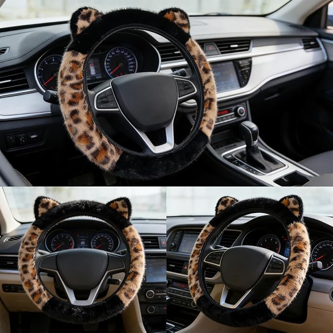 Car Steering Wheel Cover Fluffy Leopard Steering Wheel Accessories Black | Steering Wheel Covers with Cute Ears Keychain 14-15 inch Universal Elastic Steering Wheel Protector for Women Girls