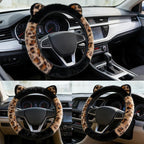 Car Steering Wheel Cover Fluffy Leopard Steering Wheel Accessories Black | Steering Wheel Covers with Cute Ears Keychain 14-15 inch Universal Elastic Steering Wheel Protector for Women Girls