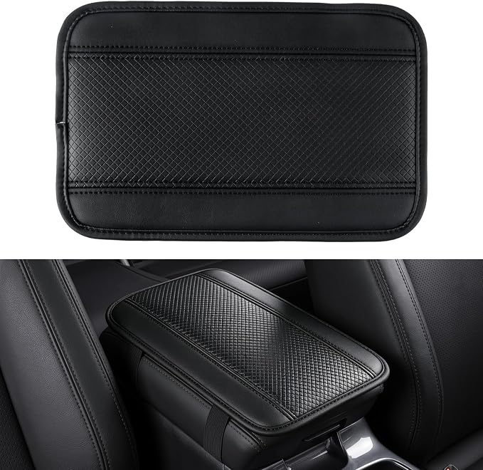 Car Center Console Cover, Upgraded Leather Car Armrest Cushion, Universal Waterproof Cushion Pad, Non-Slip Car Interior Accessories, Fits Most Sedans SUVs Trucks (Black Line)