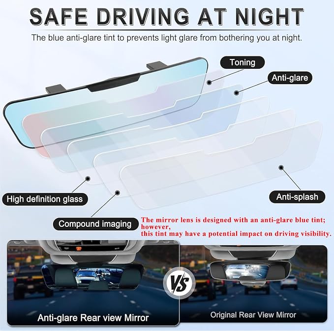 Anti Glare Rear View Mirror, Universal 12'' (305mm), Wide Angle Panoramic Convex Rearview Mirror, Clip-on to Original to Eliminate Blind Spot and Antiglare for Cars SUV Trucks