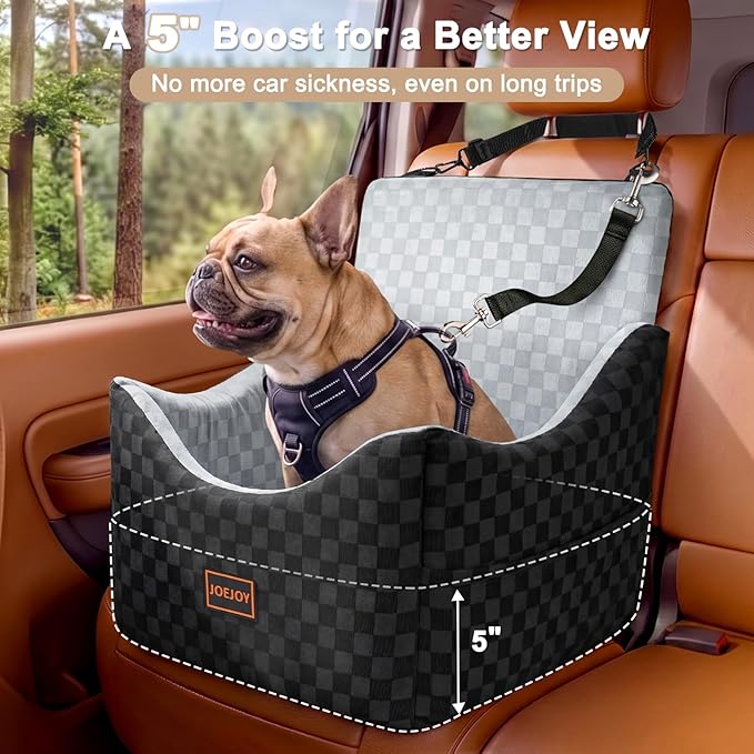 Elevated Dog Car Seat for Small/Medium Dogs up to 35 lbs, Memory Foam Booster Seat with Detachable Washable Cover, Travel-Safe Car Bed with Safety Belts & Storage Pockets, Grey