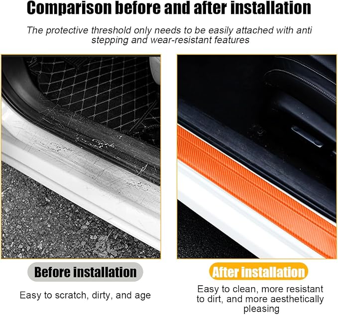 4PCS Car Door Sill Protector, 3D Carbon Fiber Vehicle Entry Edge Guard Trim, Anti-Scratch Automotive Threshold Sill Cover Strips Accessories, Universal for SUV, Sedan, Truck (Orange)
