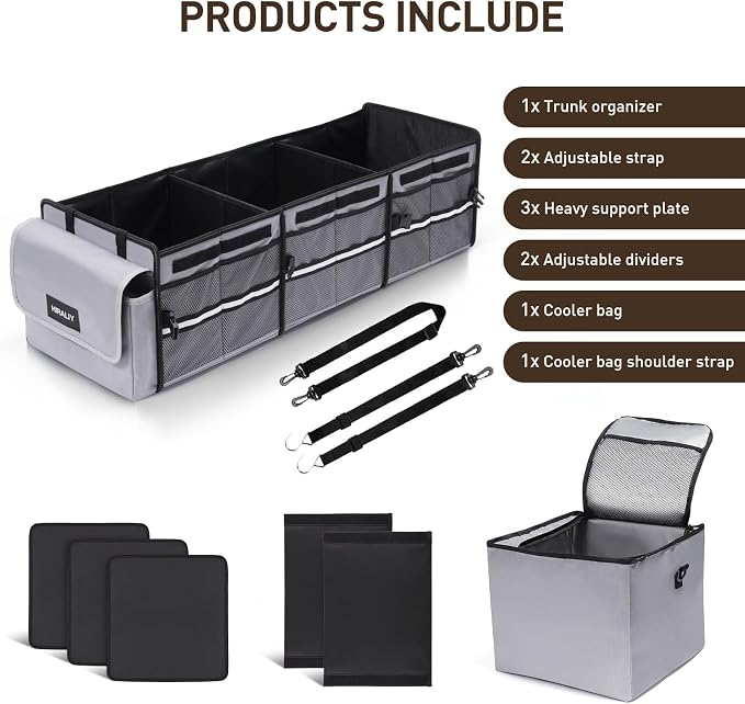 4 in 1 Car Trunk Storage Organizer with Leakproof Cooler Bag, Multi-Compartment Foldable Trunk Storage Box for Car Truck SUV Gray