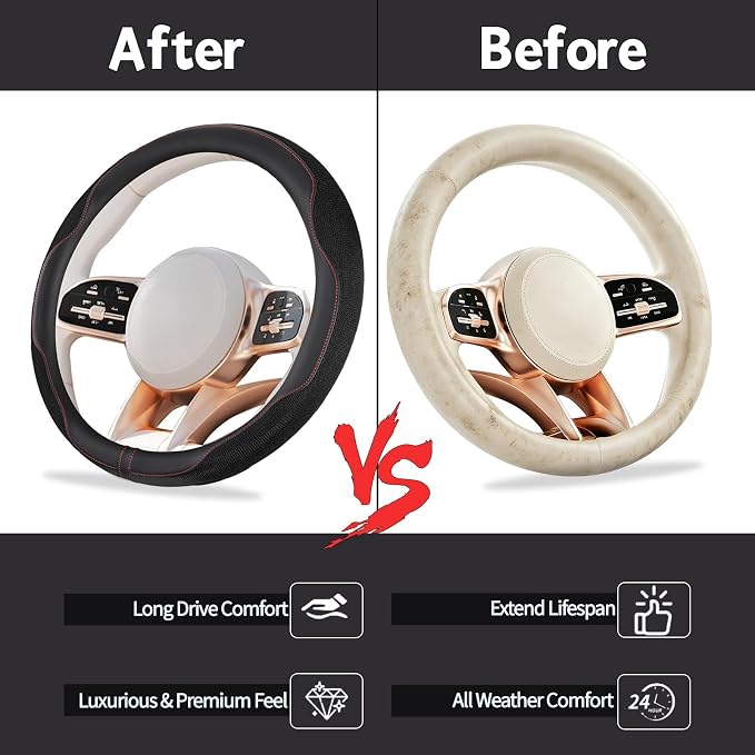 6 PCS Nappa Microfiber Leather Black Steering Wheel Cover Set, Breathable Fabric Steering Wheel Cover 14.5-15inch Universal, Car Center Console Cover, Seat Belt Cushion, Cup Holder Coaster