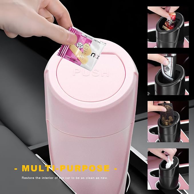 Car Trash Can Bin with Lid, Leakproof Portable Garbage Trash Bin Mini Cup Holder Organizer, Automotive Interior Dustbin Multipurpose Storage Container for Car Home Office (Pink)