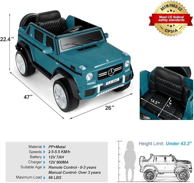 JOYLDIAS Kids Ride On Cars, Licensed Mercedes-Benz Maybach G650S, 12V7AH Battery Powered Toy Electric Car for Kids W/LED Underglow Lights,Remote Control,2 Motors,3 Speeds,Music,Bluetooth,Peacock Blue