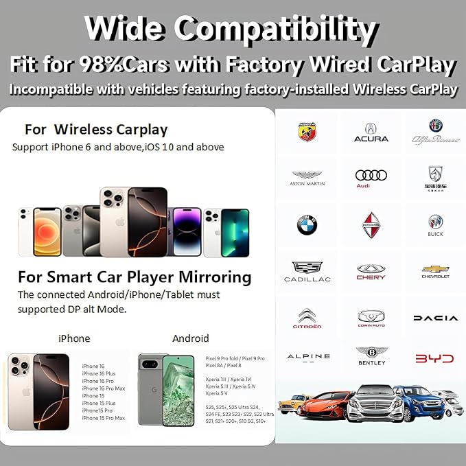 Car Screen Mirroring Adapter with Wireless CarPlay - Supports Watching Any App (YouTube, Net-flix, TikTok, etc.), Siri Control & Phone Charging, Compatible with Factory-CarPlay Equipped Vehicles.