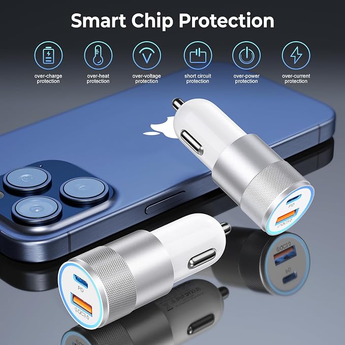 Car Charger USB C 6-Pack, 38W Dual Port Cigarette Lighter with PD3.0 + QC3.0 Type C Car Charger Adapter iPhone 16/15 Pro Max/Samsung Galaxy S24/S23/S22Plus/Ultra/,iPad Pro(White)