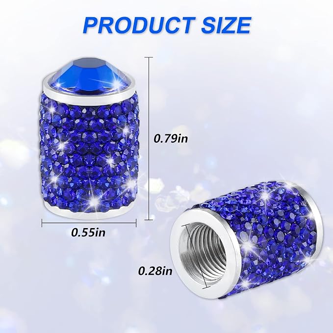 Car Wheel Tire Valve Caps, 4 PCS Bling Tire Valve Caps, Crystal Tire Caps Shinny Rhinestone for Women, Universal Car Dustproof Tire Valve Caps for Cars, Trucks, SUV and Motorcycles (Blue)