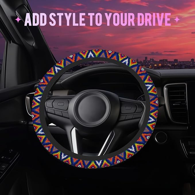 Colorful Ethnic Geometric Steering Wheel Cover for Women Men Neoprene Breathable Wheel Cover Protector Anti-Slip Car Accessories Universal 15 Inch Fit for Cars Trucks Vehicles