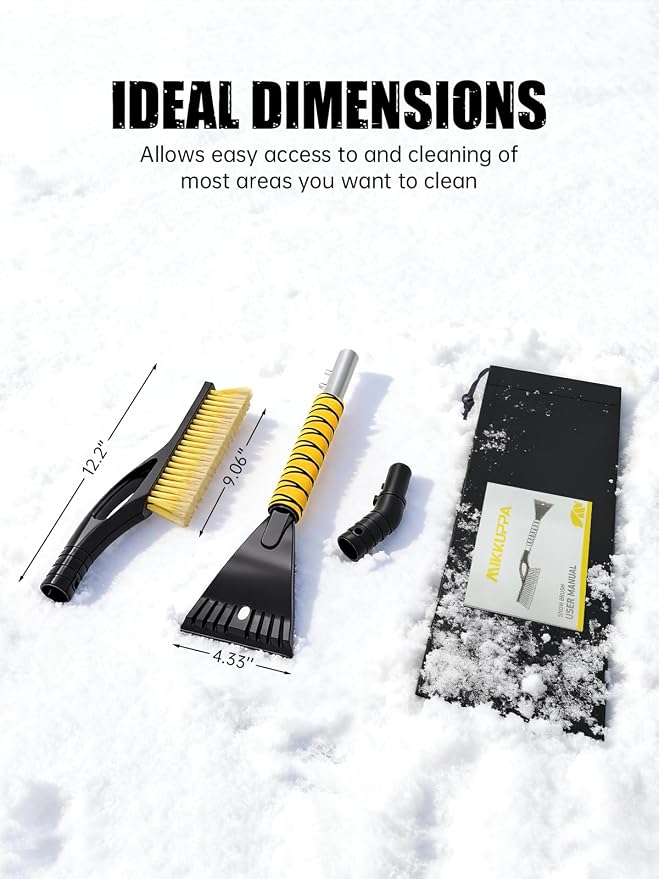 27" Snow Brush and Ice Scrapers for Car Windshield, Yellow | Detachable Windshield Scraper, Snow Removal Tool with Curved Connector & Ergonomic Foam Grip for Cars, Trucks, SUVs
