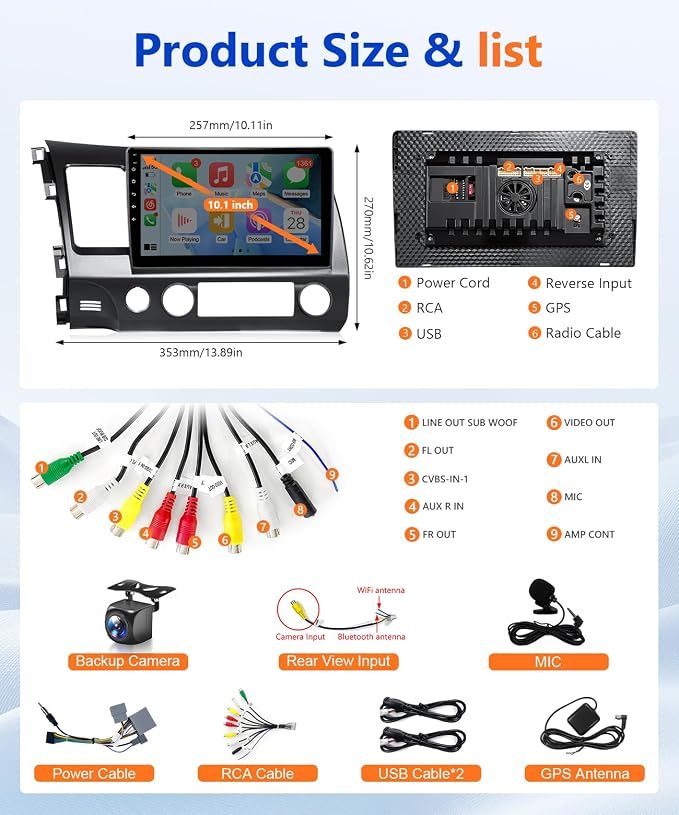 8Core Car Stereo for Honda Civic 2006 to 2011 Wireless Apple CarPlay Android Auto, 10.1IN IPS Touch Screen for Civic Audio Receiver Android Unit 5G WiFi GPS Navi FM RDS EQ DSP HiFi SWC Camera