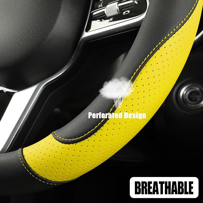 Black Yellow Microfiber Leather D Shaped Steering Wheel Cover | Breathable Anti Slip Grip Cool Sporty Look Glow for Women Men