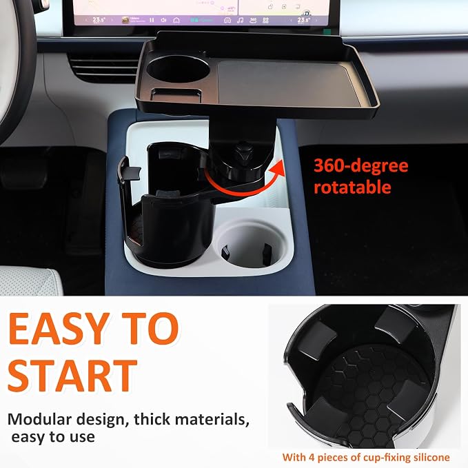 Car Large Cup Holder Expander, 3-in-1 Cupholder Extender with Swivel and Detachable Snack Food Tray Table for Eating, Travel Essentials for Road Trips for Driver. Model E