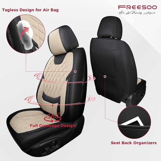Black Beige Car Seat Covers Full Set - Faux Nappa Leather Seat Covers for Cars, Luxury Breathable Waterproof Front Seats with Lumbar Support and Back Seat Cover, Fit for Sedans SUVs Pick-ups