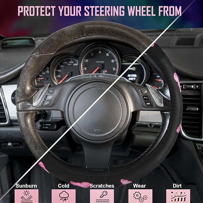 Pink Embroidery Butterfly Steering Wheel Cover, Universal 15 Inch Car Wheel Cover for Women Girls, Fit for Suvs,Small Trucks,Sedans,Cars (Black and Pink)