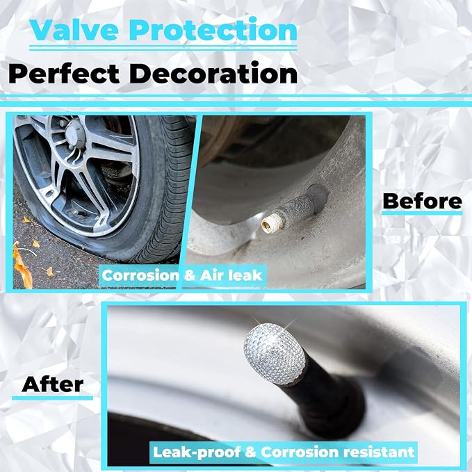 4Pcs Car Tire Valve Stem Caps, Bling Tire Air Cap for Car, Car Accessories for Women Universal Stem Covers, Plastic Liner Corrosion Resistant Tires Valve Cap with O Rubber Ring,Crystal Diamond