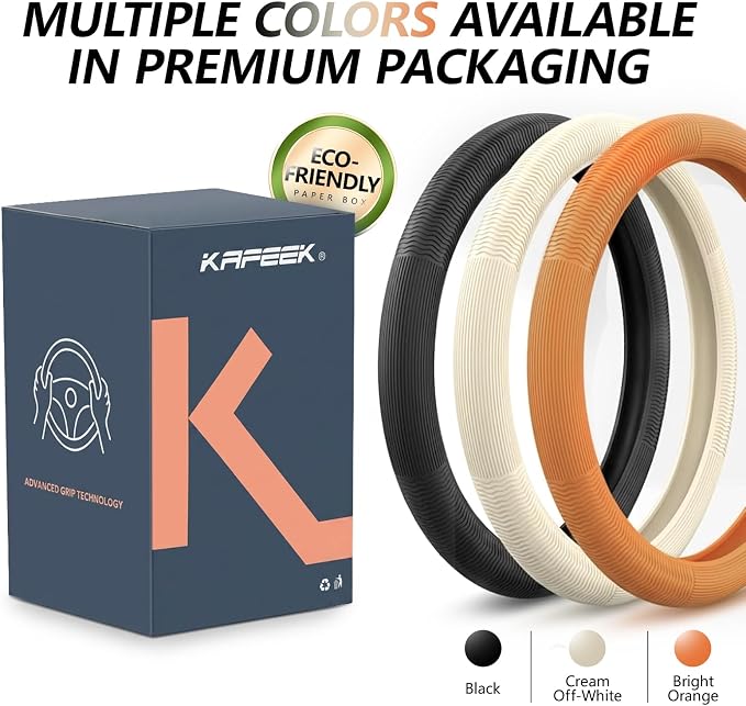 3-Pack Steering Wheel Cover Set, Non-Slip Silicone Wave Design, Universal Fit 14-16 Inch Round & D-Shape Wheels, 3-Color Bundle (Black, Bright Orange, Cream Beige)