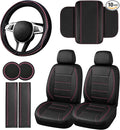 10 PCS Leather Car Seat Covers Front Set, 14.5”-15'' Sporty Steering Wheel Cover Universal, Center Console Cover, Seat Belt Cushion, Cup Holder Coaster, Car Interior Set Pink