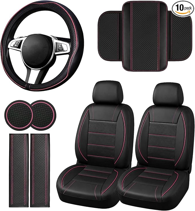 10 PCS Leather Car Seat Covers Front Set, 14.5”-15'' Sporty Steering Wheel Cover Universal, Center Console Cover, Seat Belt Cushion, Cup Holder Coaster, Car Interior Set Pink