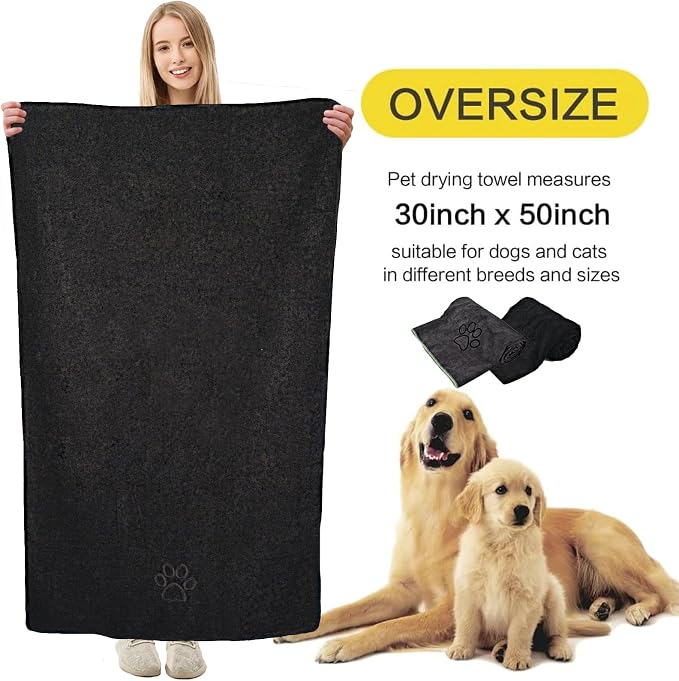 Dog Towels Super Absorbent Microfiber Dog Drying Towel for Drying Dogs Soft Pet Bath Towels and Cats with Embroidered Paw Black and Grey 30inch x 50inch