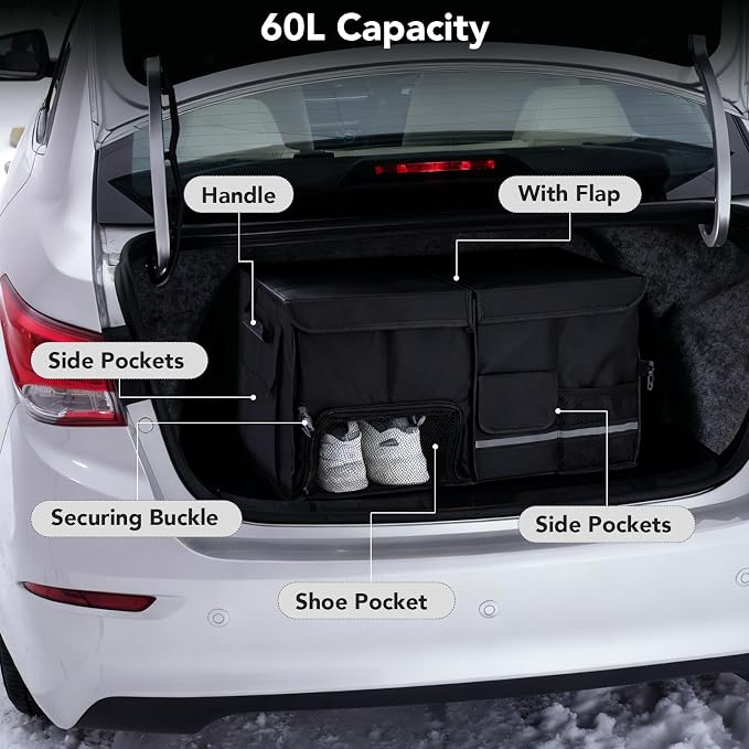 Trunk Organizer for SUV - 60L, Foldable Car Trunk Organizer Bags with Lid Large Capacity Car Organizers and Storage with Lid for SUV,Sedan,Truck Accessories,23.62"×12.99"×11.81"(Black)