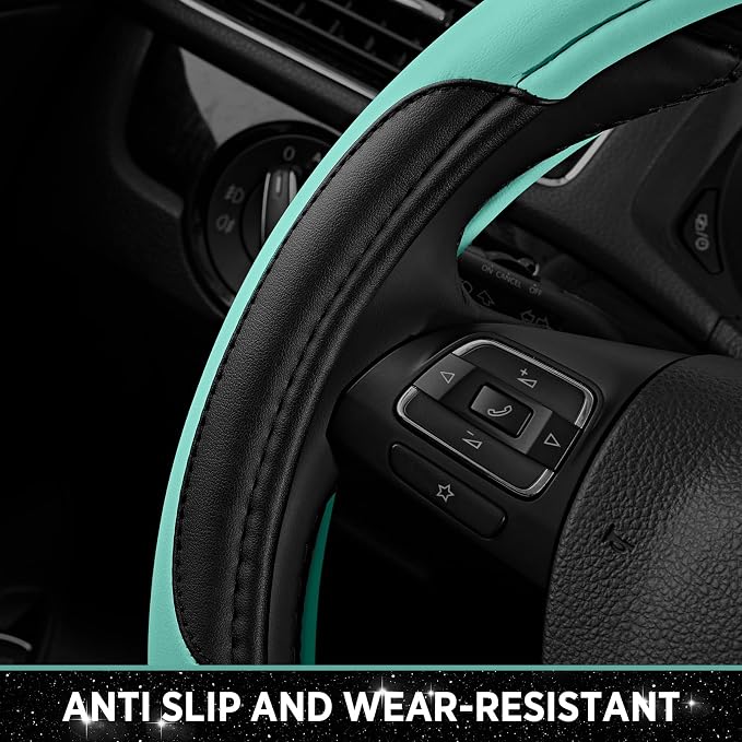 Leather Steering Wheel Cover - Made with PVC Leather - Anti-Slip, Universal Fit 14 1/2 inches to 15 inches - Mint
