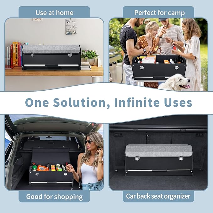 SUV Trunk Organizer, Collapsible Car Trunk Organizer with Lid and Sturdy Handle Car Trunk Leather Storage Box SVU Cargo Storage (Grey, 27.1 x 11.4 x 12.2in)