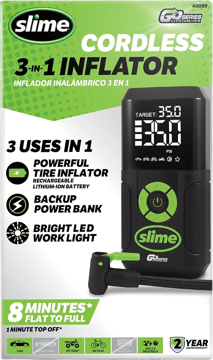 40089 Cordless 3-in-1 Tire Inflator w/Power Bank & LED Light, Auto Shut-Off, Digital Display & 6 Presets, Flat to Full in 8 Mins, Car, Bike, Motorcycle & More