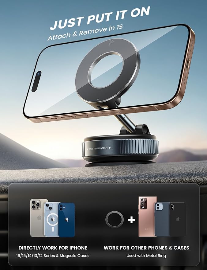 Car Phone Holder - [70 LBS Strongest Suction] for Magsafe Car Mount, 360° Adjustable Suction Cup Phone Mount Dashboard Windshield Vacuum Magnetic Phone Holder for Car fit iPhone 17/16Pro Max