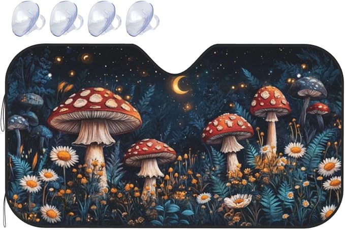Windshield Sun Shade Mushroom Forest Vintage Moon Car Front Window Sunshade Cover for Truck SUV Blocks UV Rays Automotive Visor Interior Protector 55 x 30 inch