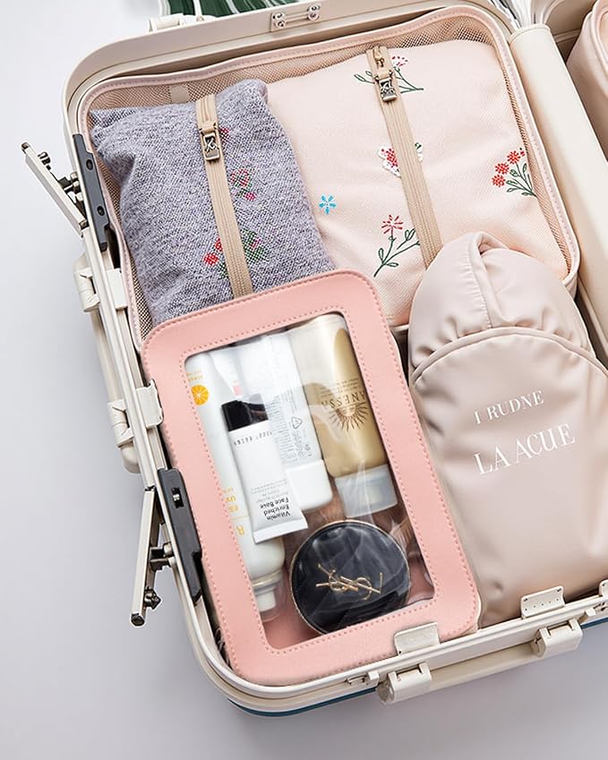 Clear Toiletry Bag, Portable Travel Makeup Pouch with Zipper, TSA Approved Organizer, PVC Cosmetic for Airport Airline Compliant Pink Car Accessories for Women (Pink)